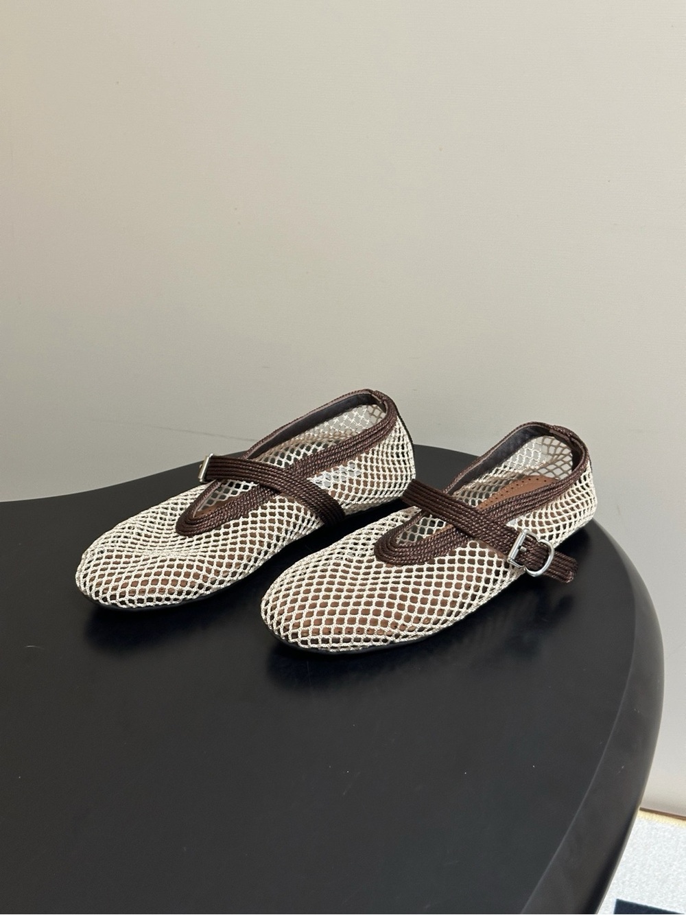 Alaia Cream Mesh Mary Jane Flats with Brown Trim